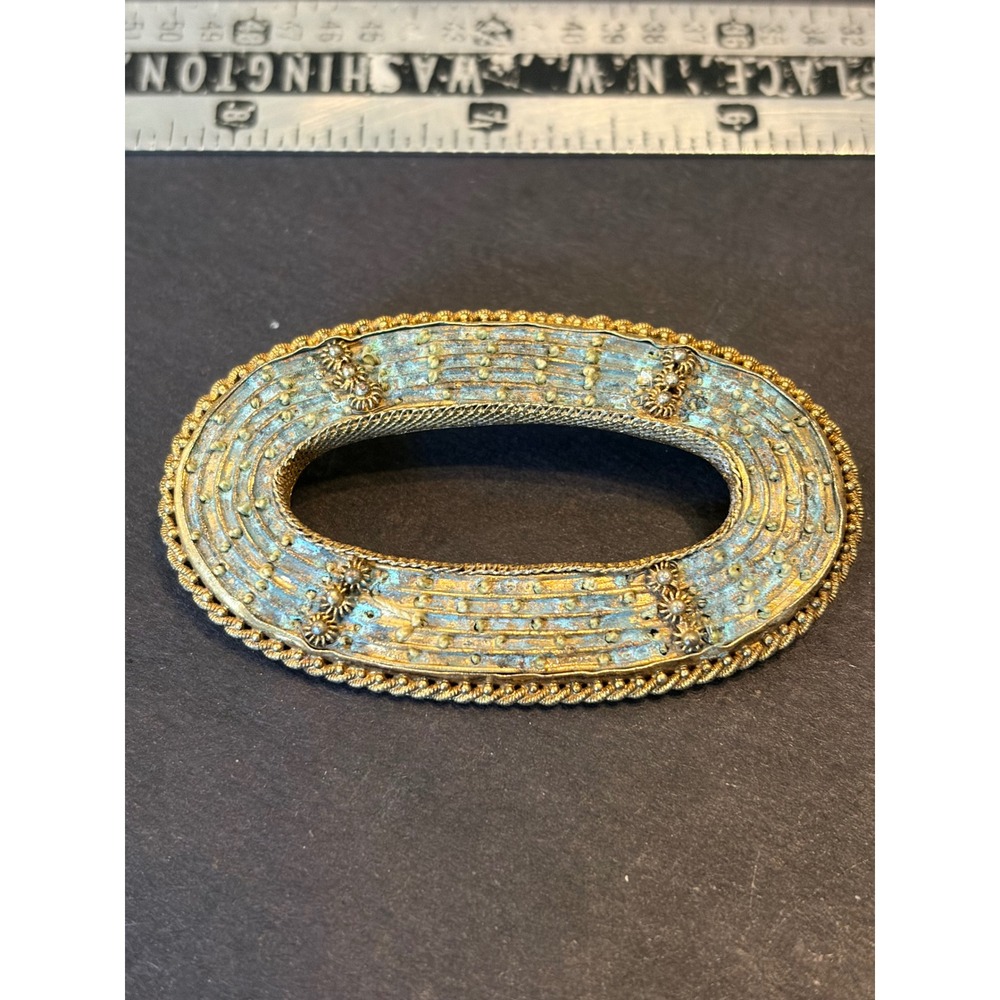 Vintage Gold Tone Verdigris Oval Sash Pin Scarf Slide Ornate Brooch China